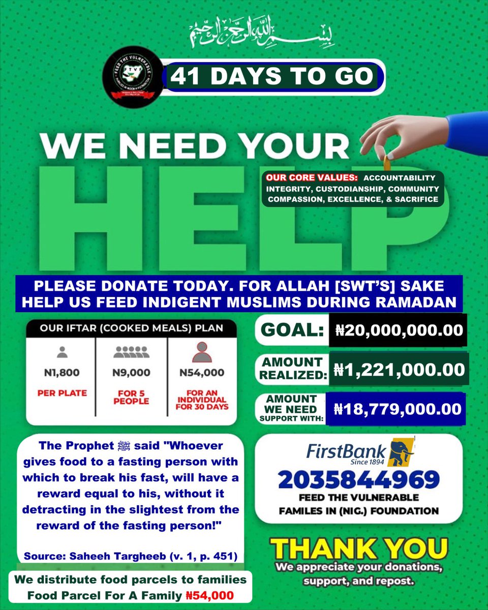 HMonkele's tweet photo. The act of feeding those in dire need is highly encouraged every day of the year. Doing it prior to or during Ramadan carries with it a lot of reward. Together, let us ensure no one goes hungry during the holy month and beyond

2035844969
First Bank

Kindly donate to this cause人 https://t.co/B6fDk3WFIG