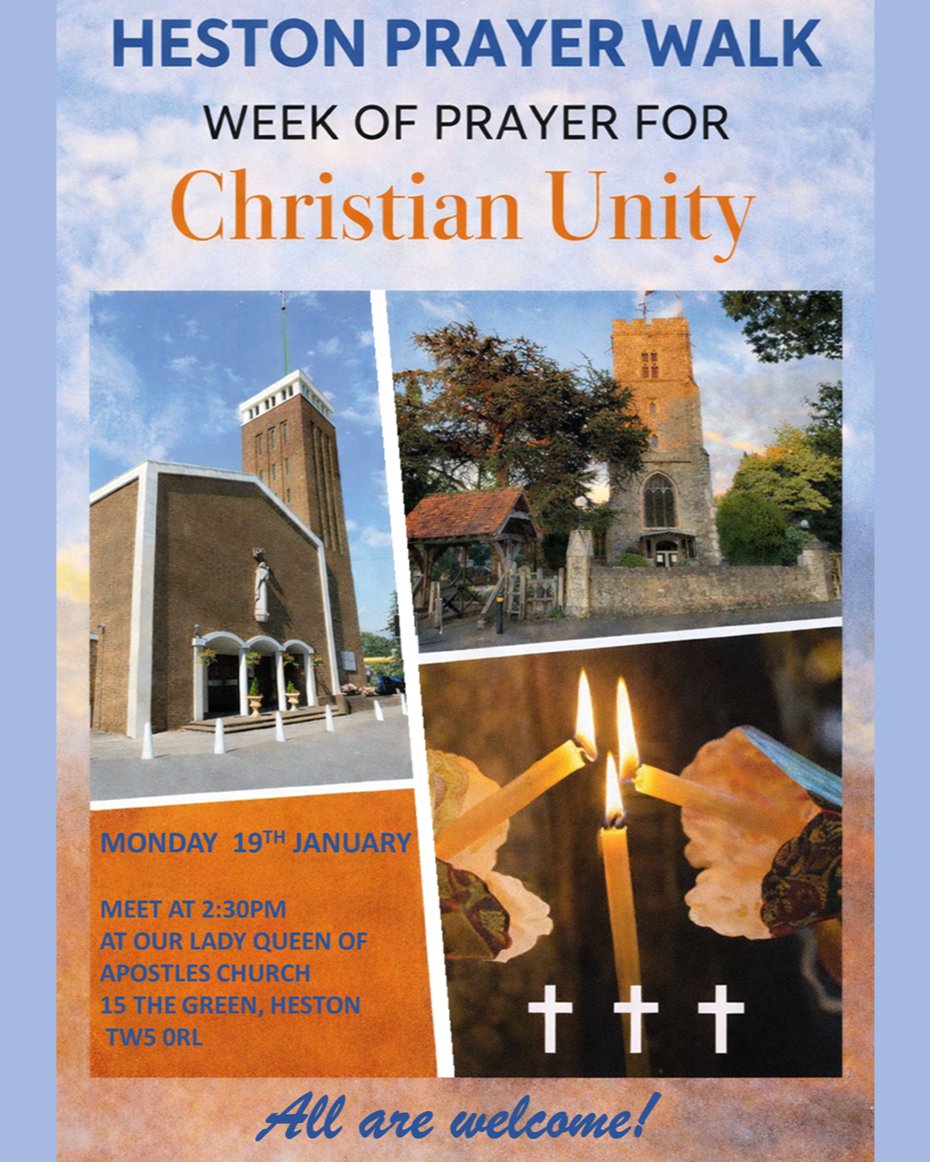 parishofheston's tweet photo. Join us for a Heston #PrayerWalk as we take part in the #WeekofPrayerforChristianUnity, walking and praying together with our friends at Our Lady Queen of Apostles.
Monday 19th January, 2:30pm
Meeting at Our Lady Queen of Apostles Church
#wpcuwall #UnityInChrist #PrayTogether https://t.co/JhL7btFHmL