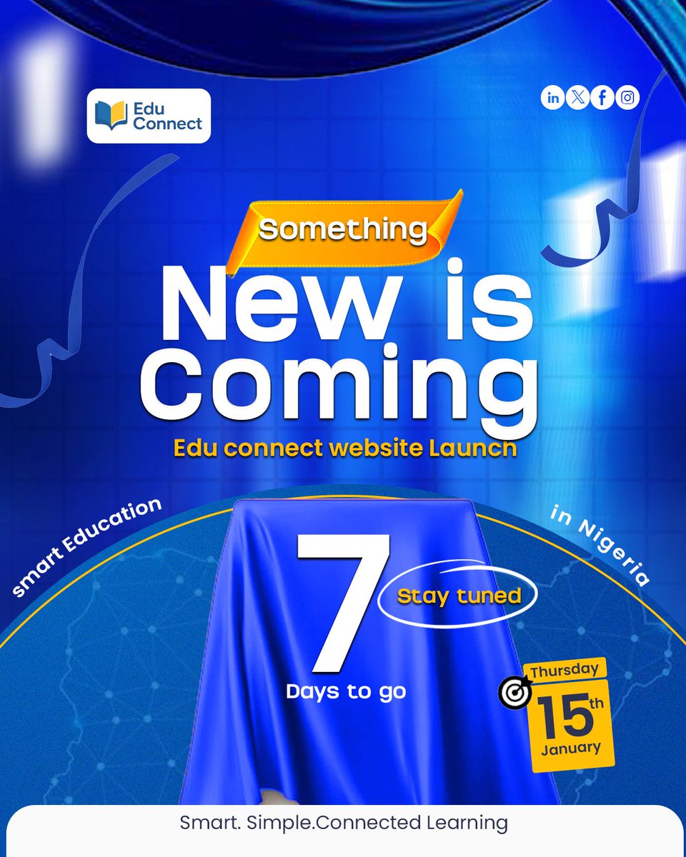 Educonnecthq's tweet photo. Don’t miss the launch.
Follow EduConnect, turn on notifications, and stay with us as we count down to something truly transformative.
📅 Launching January 15
The future of smart, connected learning starts here.
#EduConnect
#SmartEducation
#EdTechNigeria
#FutureOfLearning https://t.co/P2GgiP6R3y