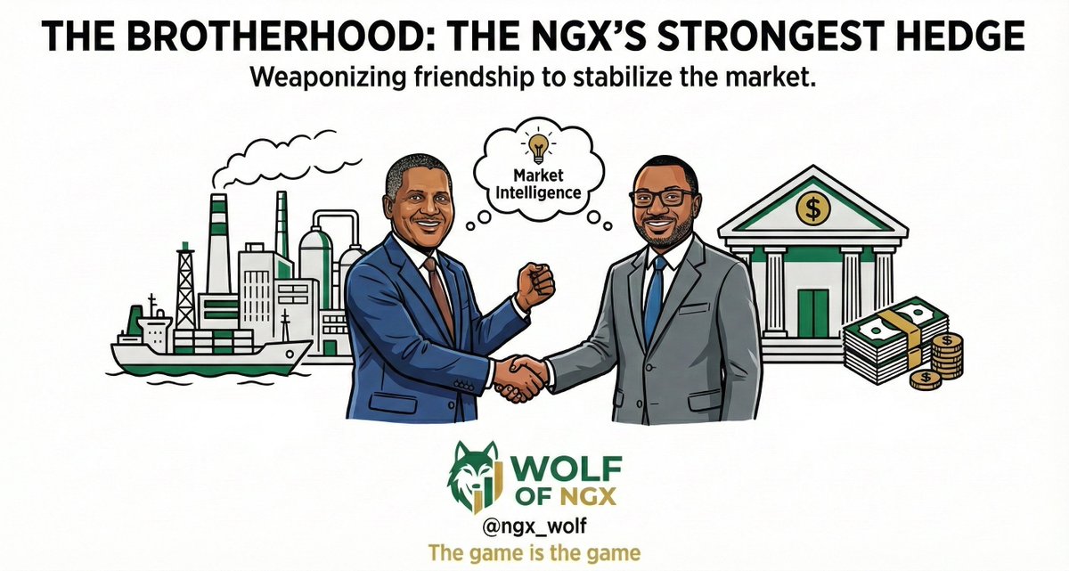 ngx_wolf's tweet image. The Brotherhood: The NGX’s Strongest Hedge

In the NGX, assets are great, but alliances are better.
Most billionaires spend their lives trying to bankrupt their rivals. But Aliko Dangote and Femi Otedola have done the opposite: they’ve weaponized their friendship to stabilize the…