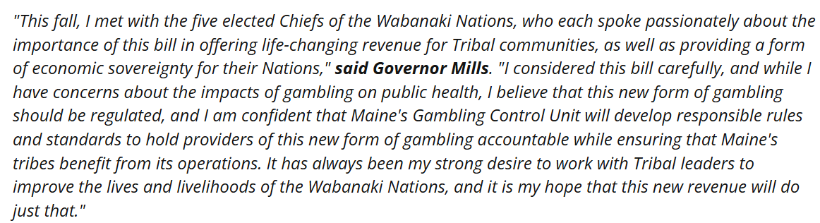 iGaming is coming to Maine. That's according to a statement released by Gov. Janet Mills earlier today.

Based on the statement's wording, it appears she's letting it become law without her signature.