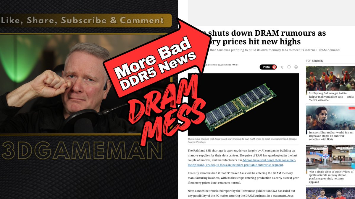 3dGameMan's tweet photo. ASUS DRAM Manufacturing Rumors https://t.co/zMDIhJlyq8
#ASUS #DRAM #MemoryShortage #PCBuilding #TechNews #HardwareCrisis #SKHynix #Samsung #Micron #GamingPC #ComputerHardware #AICost #MemoryMarket #TechInflation #DRAMMarket https://t.co/aUqRAFqwEv