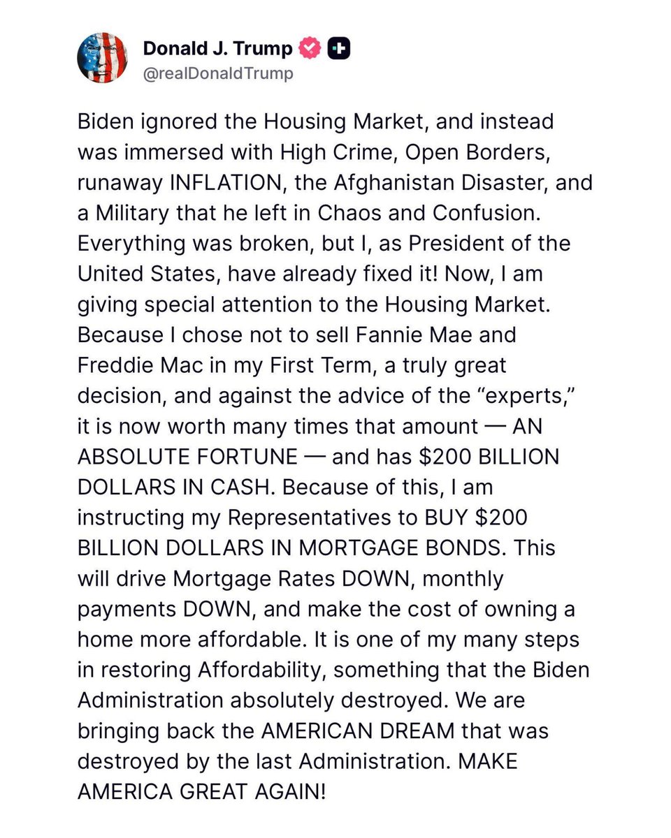 bennyjohnson's tweet image. BREAKING: President Trump announces a $200 BILLION purchase of mortgage bonds to push mortgage rates down immediately

This is how you Make Housing Great Again and reclaim the American Dream

Massive 🇺🇸