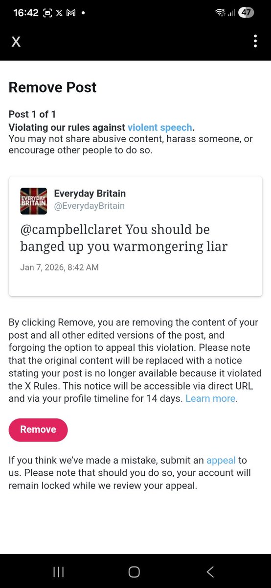 EverydayBritain's tweet image. Violent speech @elonmusk ? This was yesterday and it led to a 12 hour time out, which has also led to a reach restriction now.. 
Nothing i said was hate speech, he lied about wmd's,and led to a friend of mine dieing in the war.. 
But its hate speech when I speak out about it?…