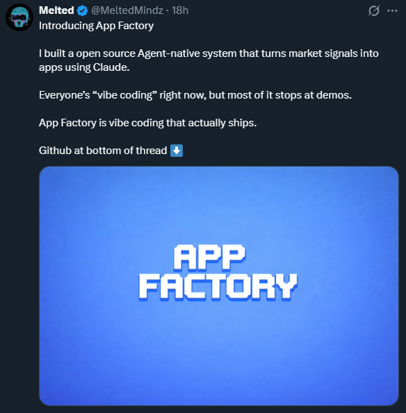 I feel like people are sleeping on what <a href="/MeltedMindz/">Melted</a> is doing

yesterday he launched App Factory ( $FACTORY ) and it's basically what every trencher claims that they want in a platform / coin

this is a vibe coding AI platform using Claude that helps people create apps and it's