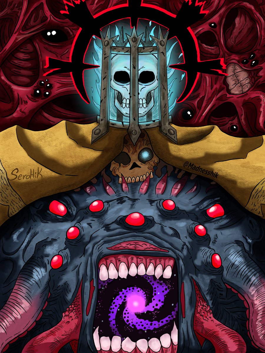 "Contempla el malvado rey y los rostros retorcidos de los condenados, debajo de él yace la infinita malignidad engendrada desde las estrellas, que nos recuerda que La locura, nuestra vieja amiga, ha llegado junto a la ruina a nuestra familia"
#DarkestDungeon #fanart