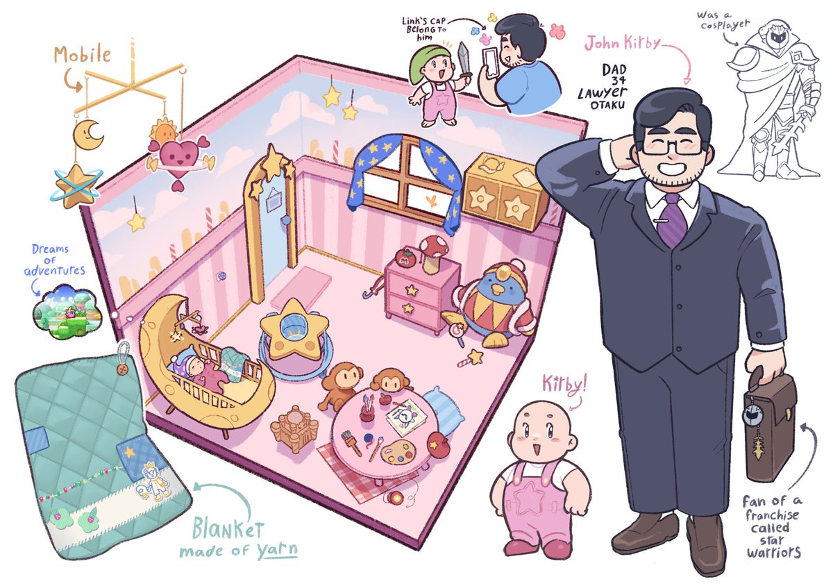 poxamarquinhos's tweet image. A Kirby AU where the games are simply the dreams of an little baby, imagining playtime with their parents, friends and fragments of everyday life ♡