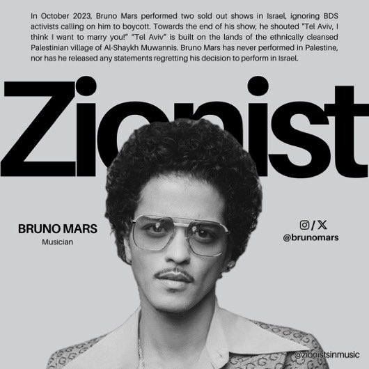 dearrchasee's tweet image. Y’all really hyping Bruno Mars like he didn’t moonwalk straight into Zionism 💀 the glitter can’t cover that.