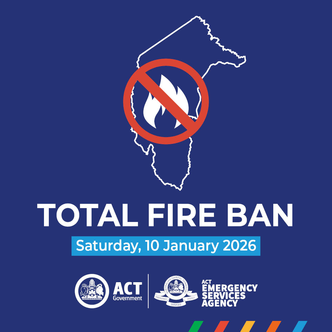 A day of Total Fire Ban (TOBAN) has been declared for tomorrow, Saturday, 10 January 2026. 

The Fire Danger Rating is: 🟠 Extreme.

More - esa.act.gov.au/total-fire-ban…