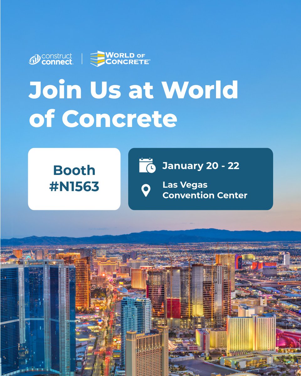 ConstructConnx's tweet image. We’re heading to World of Concrete in Las Vegas.

January 20–22
Booth N1563

Stop by to see how ConstructConnect helps contractors simplify takeoffs and estimating without added complexity. Let us know if you’ll be there.