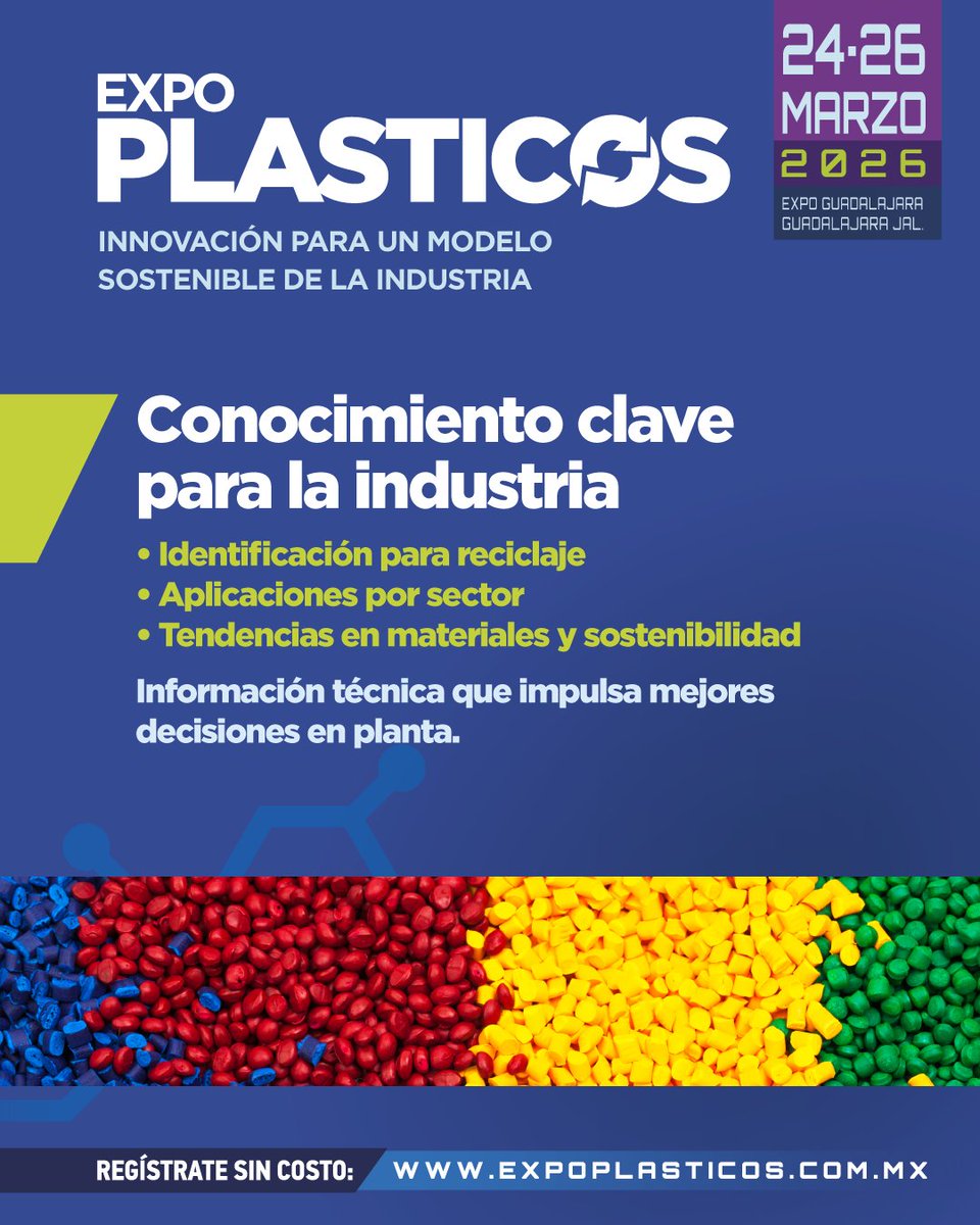 En Expo Plásticos 2026 podrás acceder a información, tendencias de materiales y contenidos sobre los polímeros más utilizados en la industria plástica.

¡Regístrate sin costo! 
expoplasticos.mx/2026/registro-… 

📅 24 al 26 de marzo, 2026 
📍 Expo Guadalajara