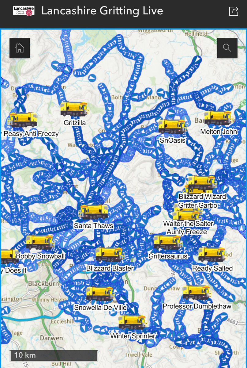 If you’d like a laugh, the names of the Lancashire Gritters are brilliant 🤣 SnOasis, Blizzard Wizard and Blizzard Blaster #stormgorreti