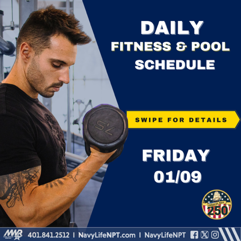 NavyLifeNPT's tweet image. 💪 Friday Fitness Lineup at the John H. Chafee Fitness Center. ⚠️ 5 - 6 pm – Yoga with E´loise Cancelled. Strong bodies. Resilient minds. United families. Let’s head into the weekend ⚓
 #FridayFitness #StrengthAndFlexibility #WellnessJourney #NAVSTANPTMWR