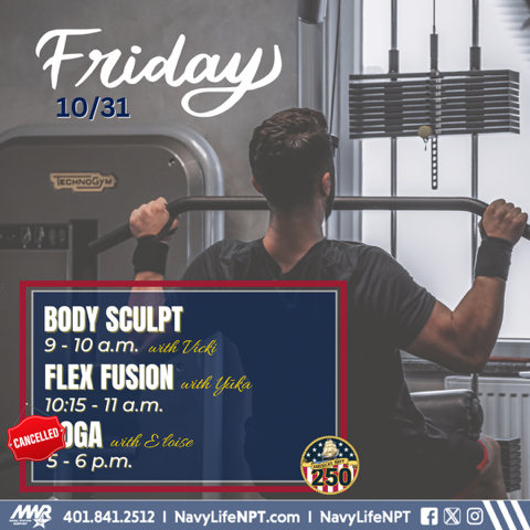 NavyLifeNPT's tweet image. 💪 Friday Fitness Lineup at the John H. Chafee Fitness Center. ⚠️ 5 - 6 pm – Yoga with E´loise Cancelled. Strong bodies. Resilient minds. United families. Let’s head into the weekend ⚓
 #FridayFitness #StrengthAndFlexibility #WellnessJourney #NAVSTANPTMWR
