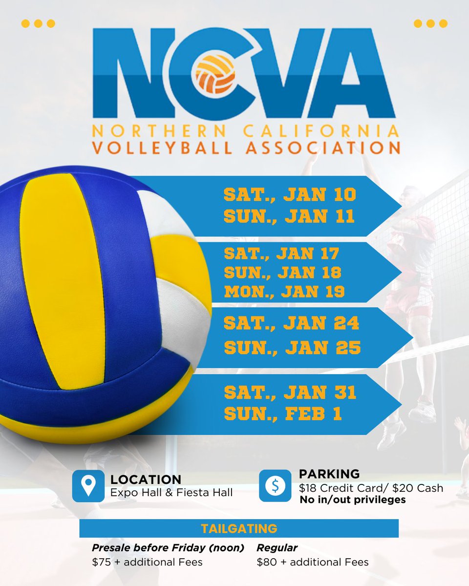sanmateoevntctr's tweet photo. The NCVA volleyball tournaments start in January!

🅿️Parking: $18 with credit card / $20 with cash (There are no in/out privileges)

Tailgating:
Presale before Friday (noon) $75 + additional fees
Regular $80 + additional fees

For More information, visit: https://t.co/SPf2ZeoKHj https://t.co/FiQ4bBdSid
