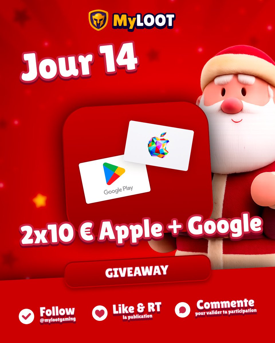 🎅🎁 JOUR 14 : CALENDRIER DE L’APRÈS

Tente de gagner 10€ App Store et 10€ Google Play Store 🛍️

Conditions de participation :
👥 Follow <a href="/mylootgaming/">MyLOOT</a>
❤️ Like le tweet
🔁 Retweet

✅💬 Commente pour valider ta participation

#Concours #Giveaway