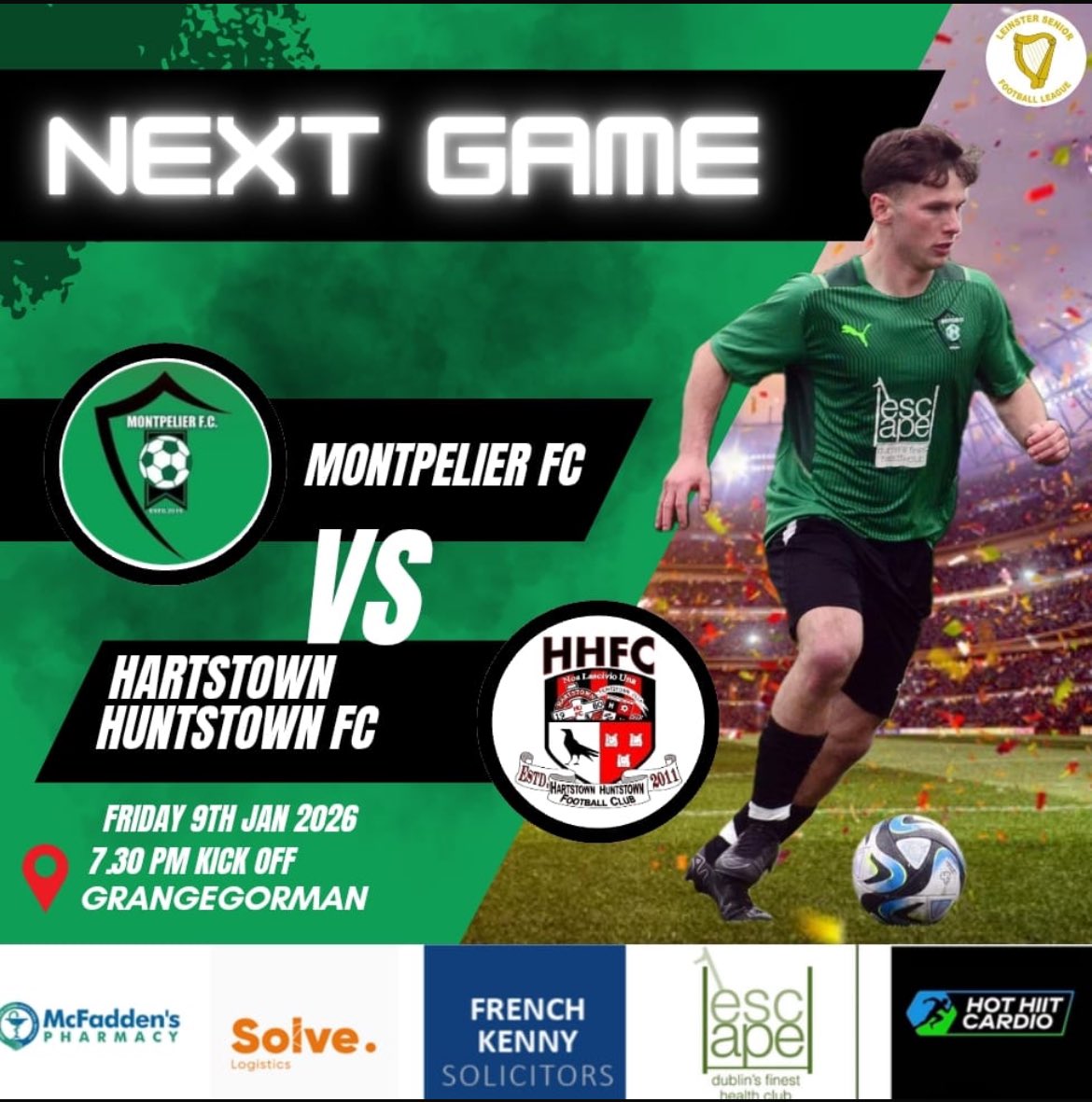 MPFC20's tweet image. Fixture: ⁦@LSLLeague⁩ Senior 1

Back with a bang with ⁦@HHFC2013⁩ travelling to Grangegorman should be a cracking game tomorrow evening.

Kick off 7:30pm

All Support Welcome 💚🖤