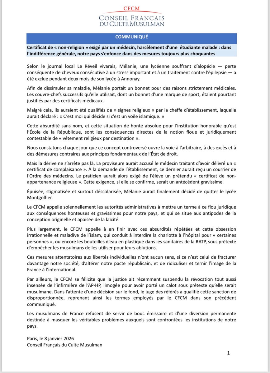 CfcmOfficiel's tweet image. COMMUNIQUÉ 

Certificat de « non-religion » exigé par un médecin, harcèlement d’une étudiante malade : dans l’indifférence générale, notre pays s’enfonce dans des mesures toujours plus choquantes

Selon le journal local Le Réveil vivarais, Mélanie, une lycéenne souffrant…