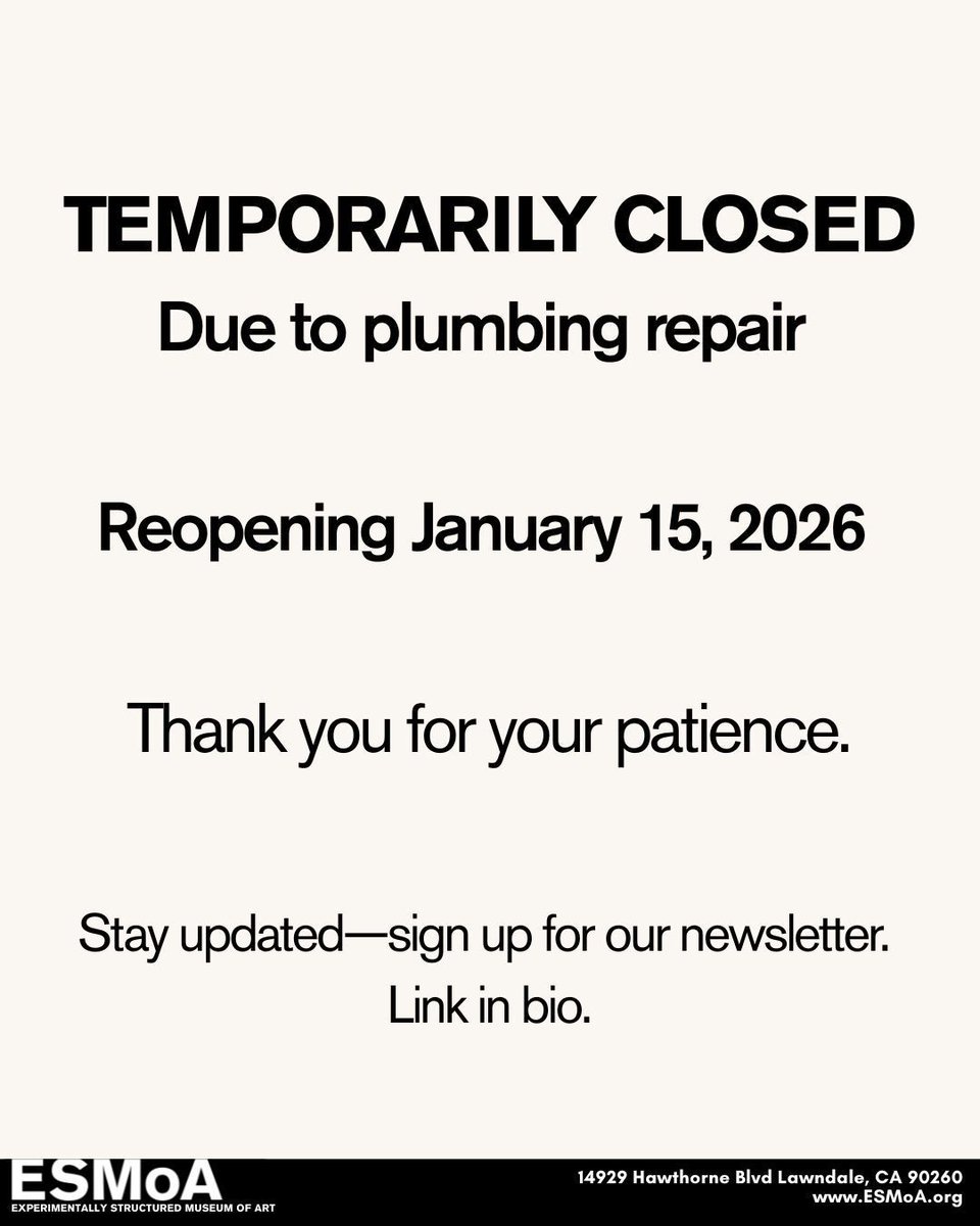esmoaorg's tweet image. Happy New Year to everyone! 

We’d like to share an update: ESMoA will be temporarily closed this weekend for unforeseen plumbing repairs. We’ll reopen next week, on January 15, 2026.

Thank you for your patience. To stay updated, please visit the link in bio.