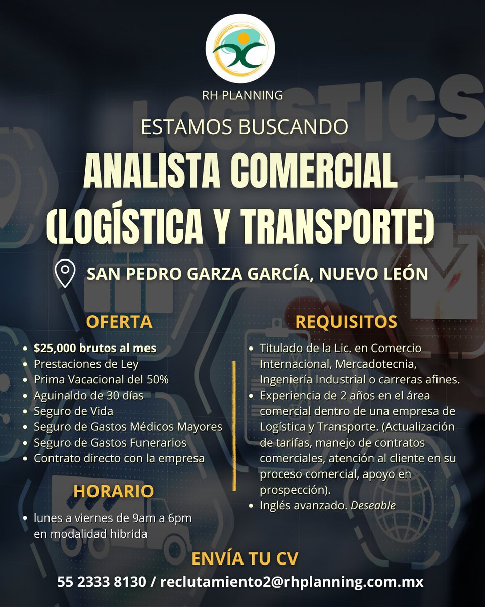 RhPlanningMx's tweet photo. 💼VACANTE DISPONIBLE
-Analista Comercial
-Zona: San Pedro Garza García #NuevoLeón 
-Titulado de Comercio Internacional
-Experiencia: 2 años en el área comercial dentro de una empresa de Logística y Transporte
-L a V de 9am-6pm. Hibrido
-$25k + Prestaciones superiores

@la_de_rh https://t.co/MtZrKdUGmm