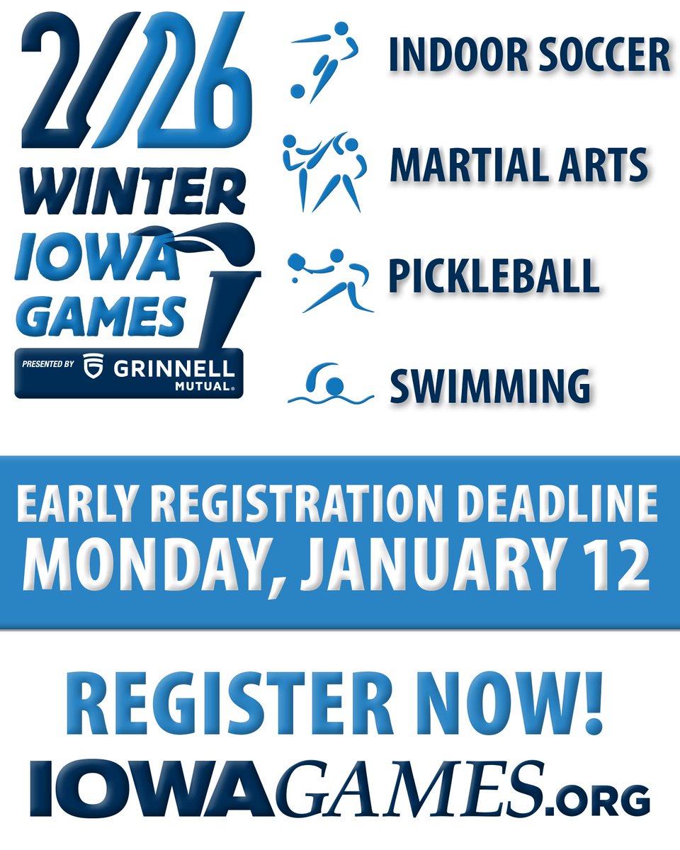 IowaGames's tweet image. REGISTER NOW for these sports and save on your entry fee!!! Prices increase after Monday, January 12. Learn more and sign up at iowagames.org.

#IowaGames #WinterIowaGames #soccer #martialarts #pickleball #swimming