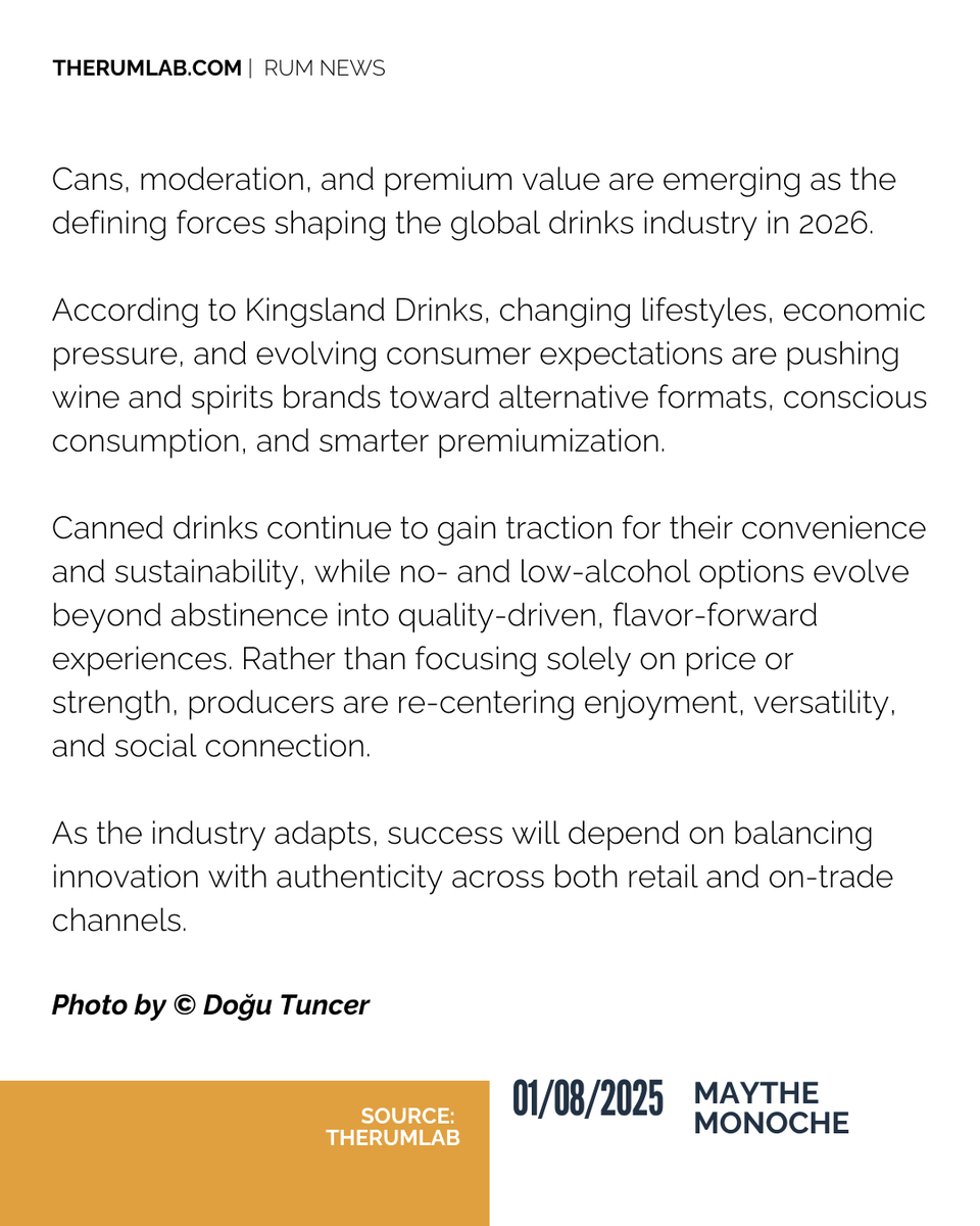 therumlab's tweet image. Cans, conscious drinking, and premium value are set to define wine &amp;amp; spirits in 2026. Kingsland Drinks breaks down the trends reshaping how consumers drink—and why flexibility is the new luxury.

🖱️Read the full article on our website: therumlab.com/2026-drinks-tr…

#TheRumLab