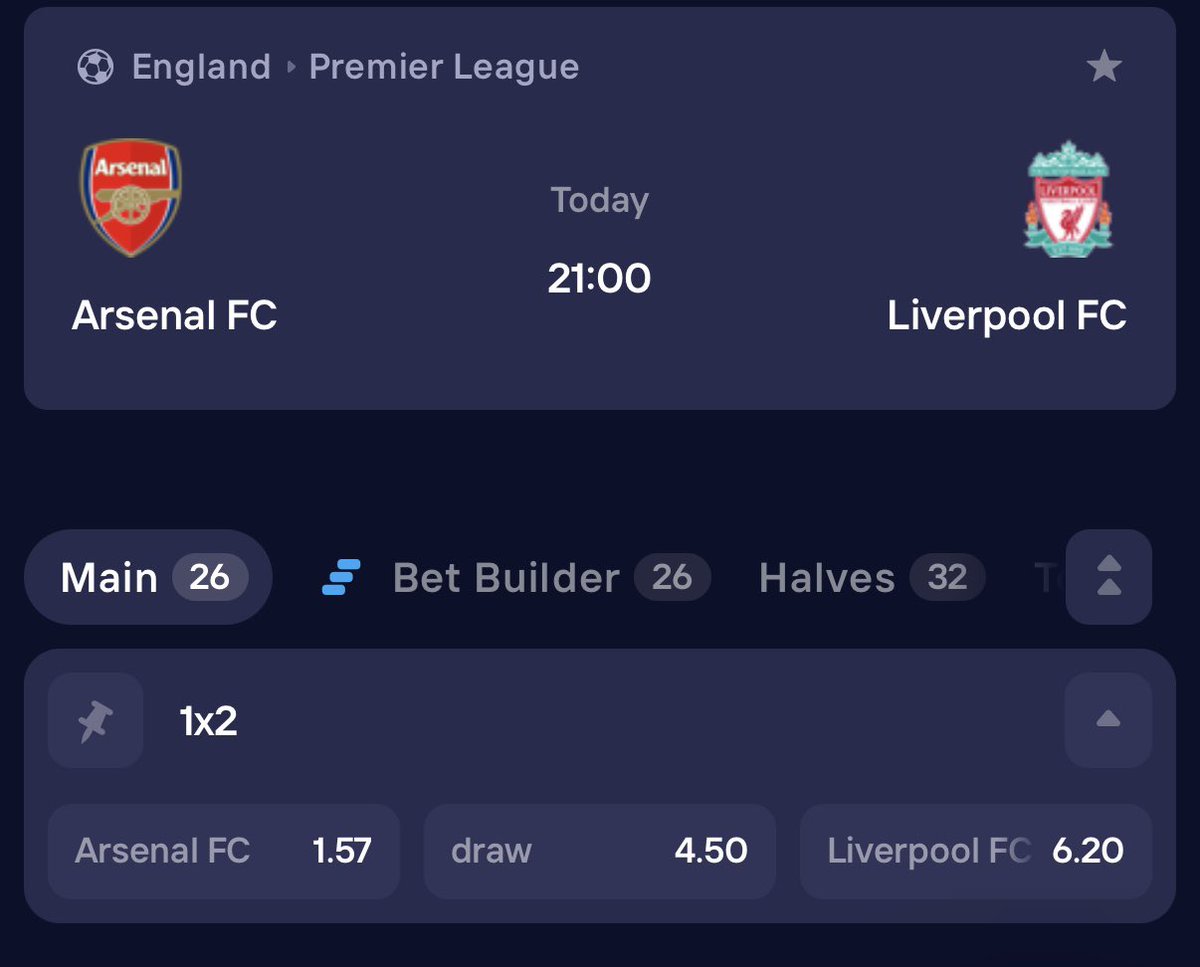 whyduel's tweet photo. Odds for Premier League match between Arsenal &amp; Liverpool 

Arsenal

Pinnacle: 1.54
Duel 1.57
Stake: 1.59

Liverpool

Stake: 5.80
Pinnacle: 6.10
Duel: 6.20

If you’re a gunners fan, it doesn’t really matter, but if you’re a reds fan, I guess there’s only one place to be, right? https://t.co/dt6lBD0jPv