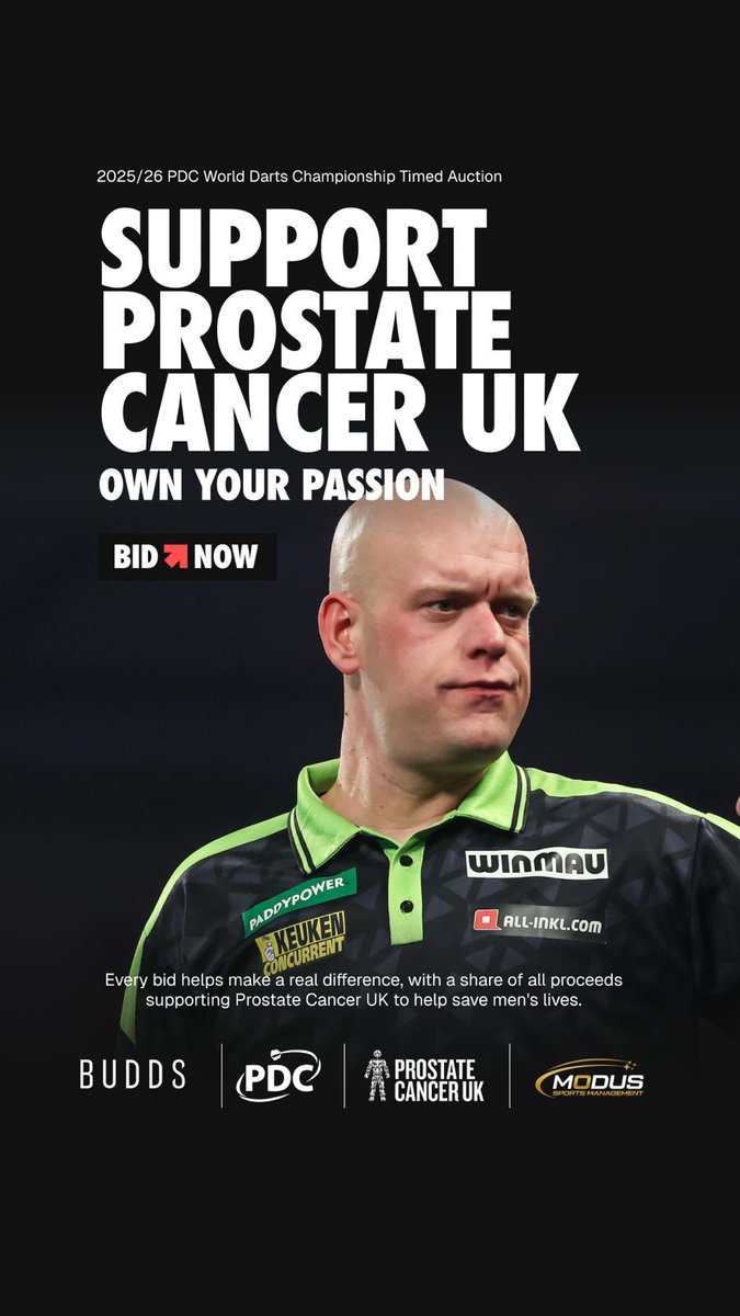 MvG180's tweet image. 𝗙𝗼𝗿 𝗮 𝗴𝗼𝗼𝗱 𝗰𝗮𝘂𝘀𝗲. 💚
My World Championship shirt and darts are now up for auction in support of Prostate Cancer UK. Let’s raise awareness together.

💥 Bid now and make a difference! @buddsauctions 
🖊️ Game-worn. From Ally Pally.