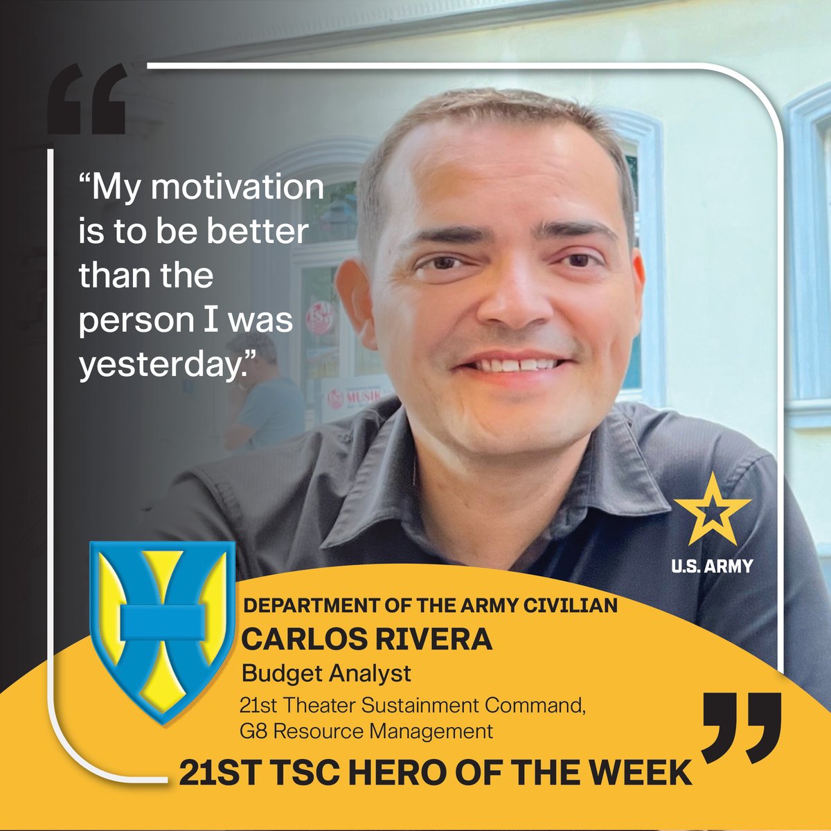 Meet Department of the Army Civilian Carlos Rivera, a Budget Analyst with the 21st TSC, G8 Resource Management. His role in G8 is to oversee the budget for the HQ staff and exercises. https://t.co/mT092sjaxy