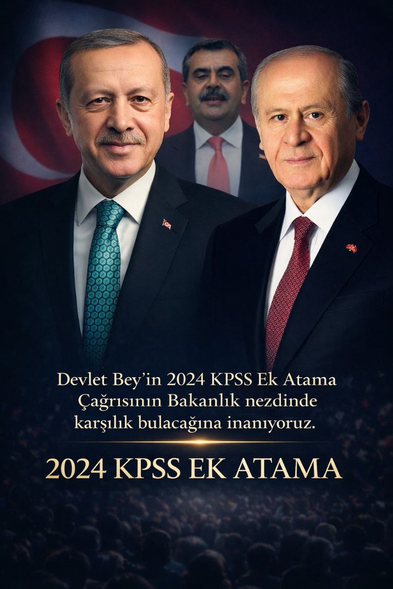 <a href="/PrfDrFilizKilic/">Prof. Dr. Filiz KILIÇ</a> 2024 kpss öğretmenleri olarak 76 branşa 25 bin atama müjdesi bekliyoruz
<a href="/RTErdogan/">Recep Tayyip Erdoğan</a>
<a href="/dbdevletbahceli/">Devlet Bahçeli</a>
<a href="/Yusuf__Tekin/">Yusuf Tekin</a>
<a href="/memetsimsek/">Mehmet Simsek</a>
<a href="/tcmeb/">Millî Eğitim Bakanlığı</a>
<a href="/HMBakanligi/">T.C. Hazine ve Maliye Bakanlığı</a>
<a href="/cbsbb/">T.C. Cumhurbaşkanlığı Strateji ve Bütçe Başkanlığı</a>
<a href="/oktay_saral/">Oktay SARAL</a>
<a href="/turkegitimsen/">Türk Eğitim Sen</a>
<a href="/TalipGeylan06/">Talip Geylan</a>
#2024KPSS