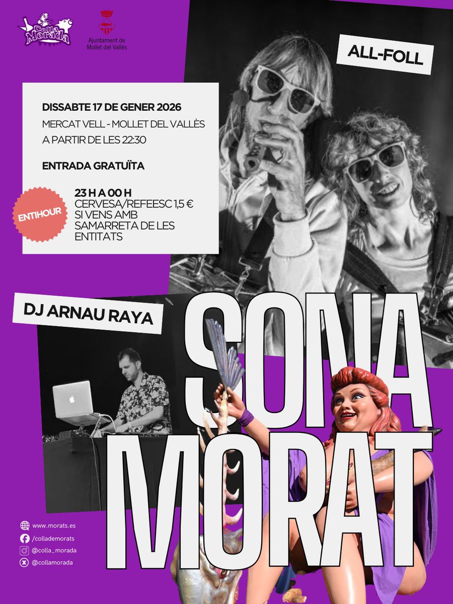 💥 El SONA MORAT torna a la FESTA MAJOR D’HIVERN!

La nit més musical de l’hivern arriba carregada de ritme i bona energia! 🎶✨

Diuen que quan fa fred, la música ens uneix i escalfa… i aquest any, la Colla Morada us convida a viure una nit plena de música i festa! 💜