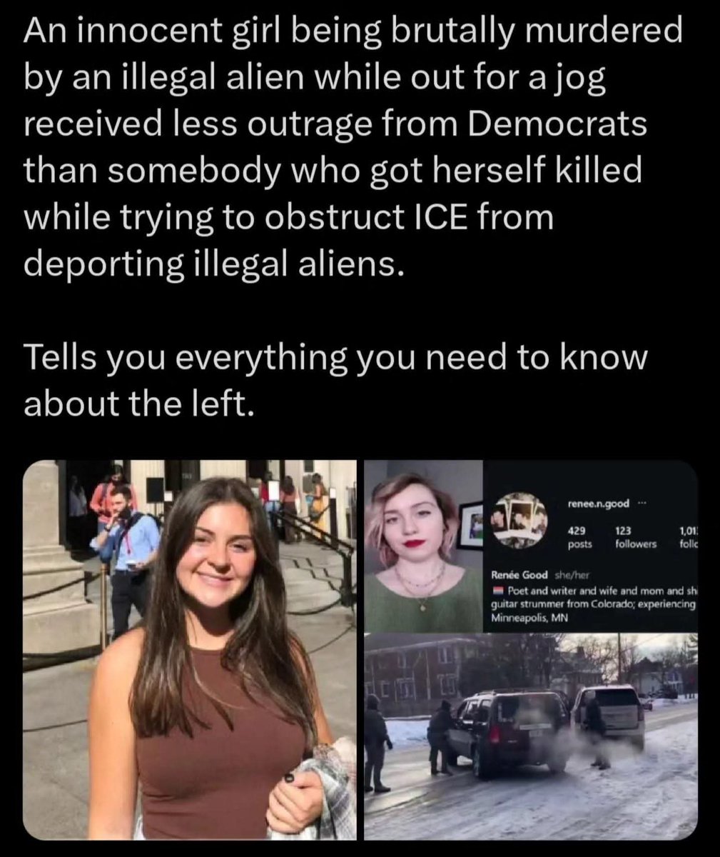 Sassafrass_84's tweet image. It's a sad day when there is more outrage about the death of Renee Good than Laken Riley. One was a nurse just trying to graduate and living her life. K*lled by an illegal while on a run. 

The other is a political activist trying to obstruct federal law enforcement from…