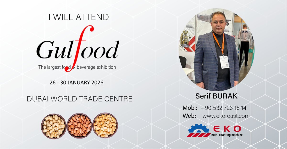 I'll be attending Gulfood Dubai from January 26-30!
If you need nut roasting machine, coffee roasting machine, granola production line,product development, let's connect!
ekoroast.com
ekoficoffeemachine.com
export@ekoroast.com
+90 532 723 1514