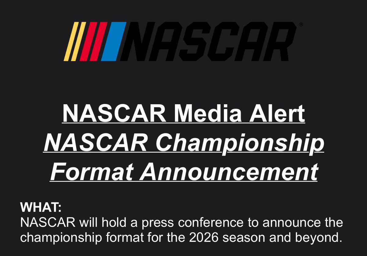 jeff_gluck's tweet image. The moment we’ve all been waiting for: the new NASCAR championship format announcement is Monday afternoon (3:30 pm ET).

It will be streamed on NASCAR.com, NASCAR’s YouTube and The NASCAR Channel.