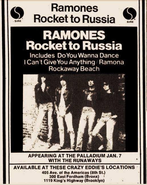 “The best American rock’n’roll of the year”

Early ads for ‘Rocket to Russia’ and the Ramones’ Palladium show with The Runaways in January 1978.