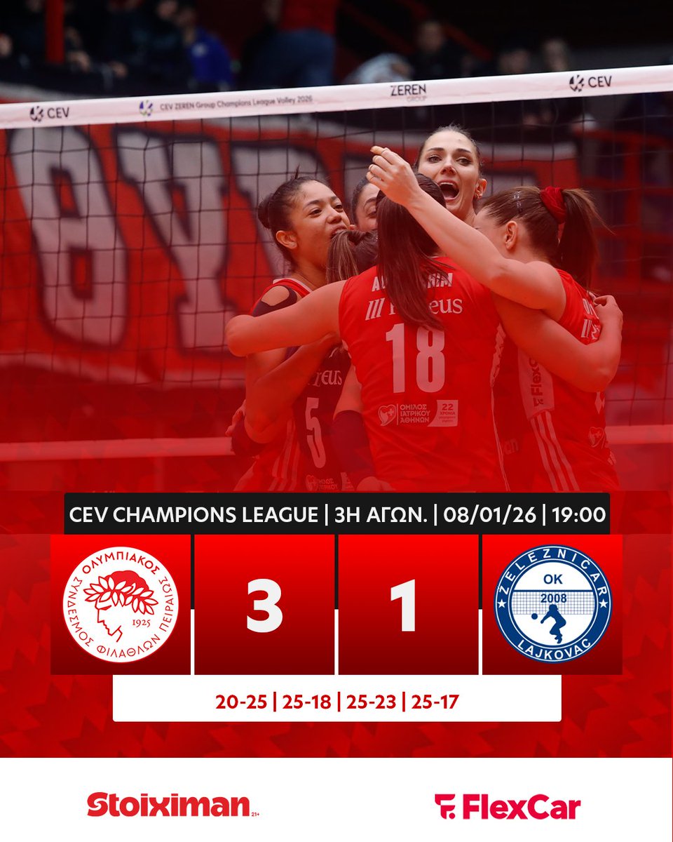 OlympiacosSFP's tweet image. Ο Ολυμπιακός νίκησε με 3-1 σετ την Ζελέζνιτσαρ από τη Σερβία για την 3η Αγωνιστική του CEV Champions League. 
#osfp #Olympiacos #OlympiacosSFP #CLVolleyW