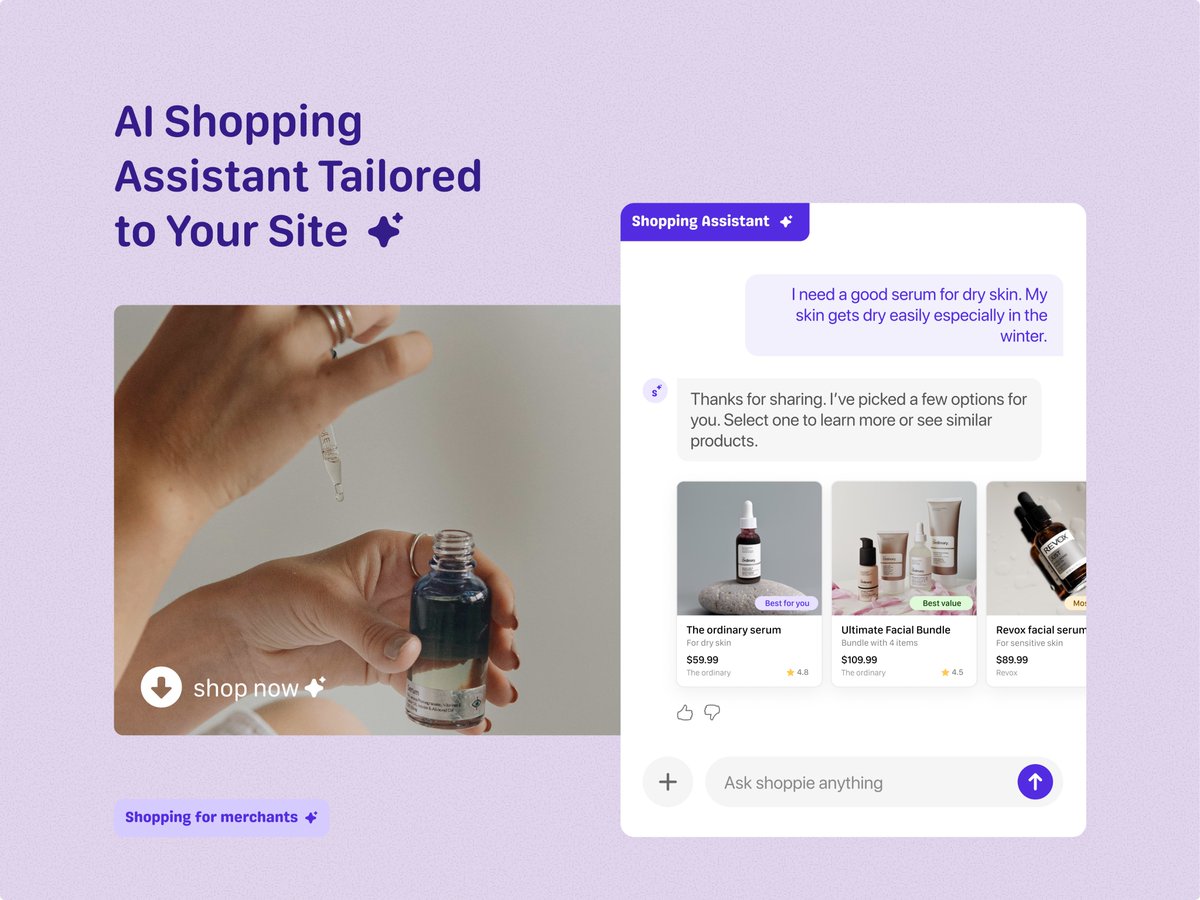 ShoppieMerchnts's tweet image. Hey Merchants!     

You can convert your customer conversations into sales with an AI Shopping Assistant tailored to your site.   

Get Notified when Shoppie is available for merchants: shoppiegpt.com/signup