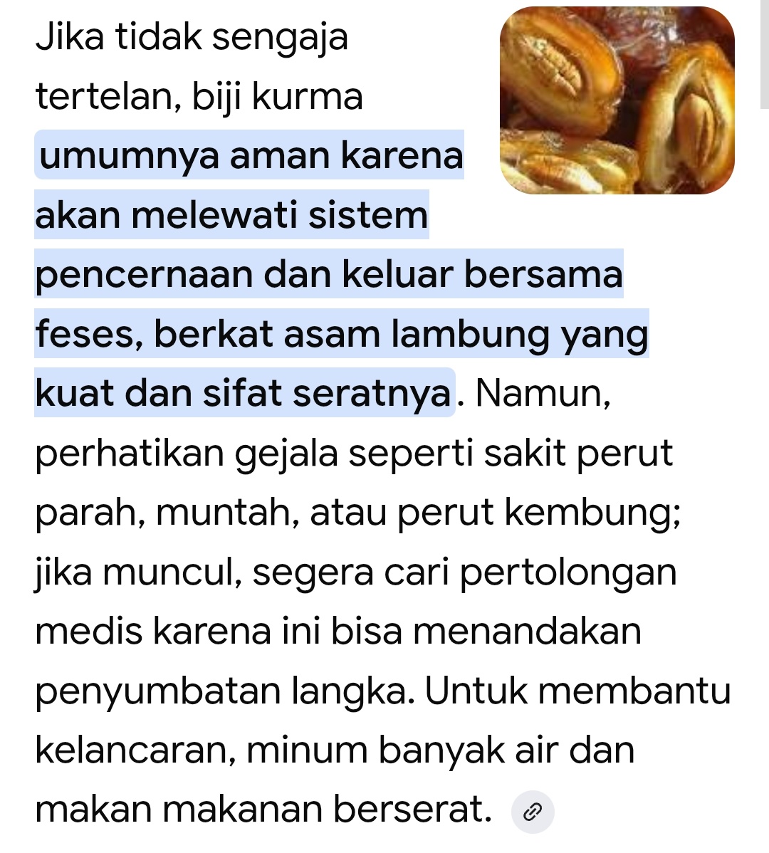 seperti biasa kalo bangun tidur jam segini, laper, buka kulkas yang ada cuma kurma &amp; rujak tumbuk sisa semalam.
alhamdulillah, masih ada yg bisa dimakan. ada abon tapi gak ada nasinya yowes makan yang ada aja.
lagi ngunyah kurma, bijinya ketelen...nah lho...
googling, katanya gpp