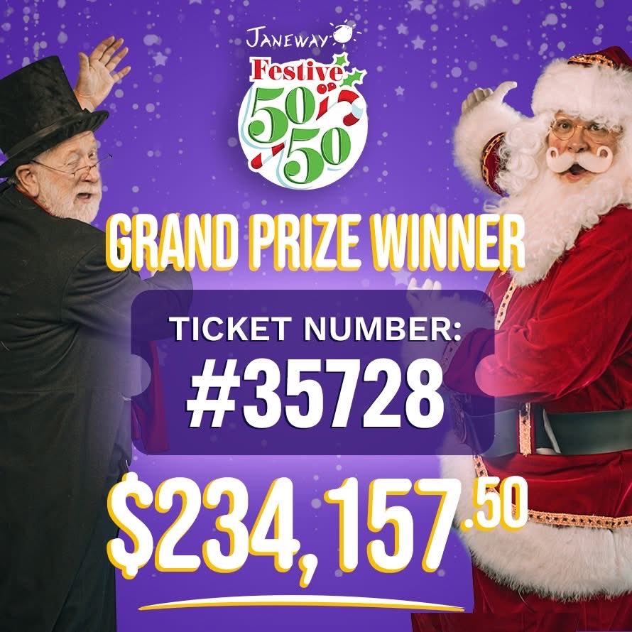 JanewayNL's tweet image. 🎉 We have a winner! 🎉

The winning ticket number for the Janeway Festive 50/50 is #35728.

This year’s grand prize jackpot reached  $468,315 with $234,157.50 going to a lucky winner!

Thank you making this our biggest year yet. Your support makes a difference.
#forallourkids