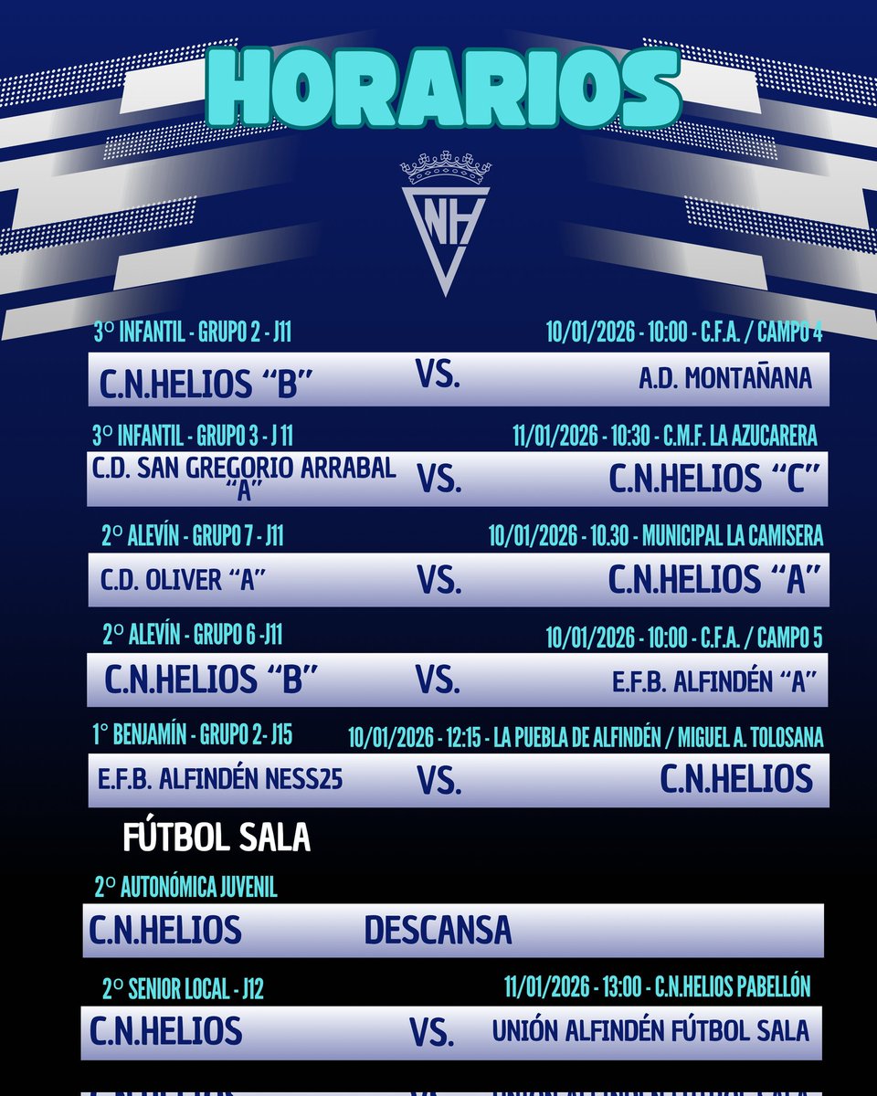 ¡Horarios de la jornada! 📅 Estos son los horarios de todos nuestros equipos para este fin de semana. ¡No te los pierdas! ⚽️🔵⚪

<a href="/cnhelios/">C.N. HELIOS</a>