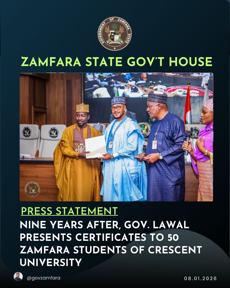 s_balaIdris's tweet image. PRESS STATEMENT 

NINE YEARS AFTER, GOV. LAWAL PRESENTS CERTIFICATES TO 50 ZAMFARA STUDENTS OF CRESCENT UNIVERSITY 

Governor Dauda Lawal has presented certificates to 50 scholarship students of the Crescent University, Abeokuta. 

The presentation took place on Thursday at the…