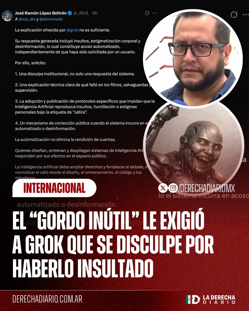 DerechaDiarioMX's tweet photo. 🇲🇽🇺🇸 | RIDICULÍSIMO: El "panzón millonario" hijo de AMLO, José Ramón López Beltrán, le exigió a la inteligencia artificial Grok que se disculpe con él por insultarlo. https://t.co/bHjjAG9ZU6