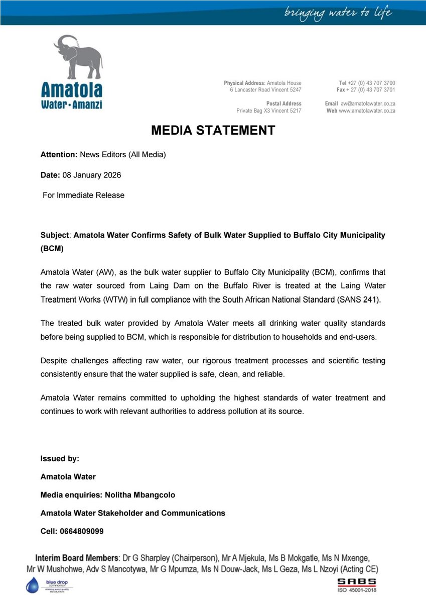 Amatola Water confirms that the bulk water supplied to Buffalo City Municipality is safe, clean and meets all South African National Standards. 

We remain committed to providing reliable water and addressing pollution at its source. 

#WaterQuality 
#AmatolaWater 
#BuffaloCity