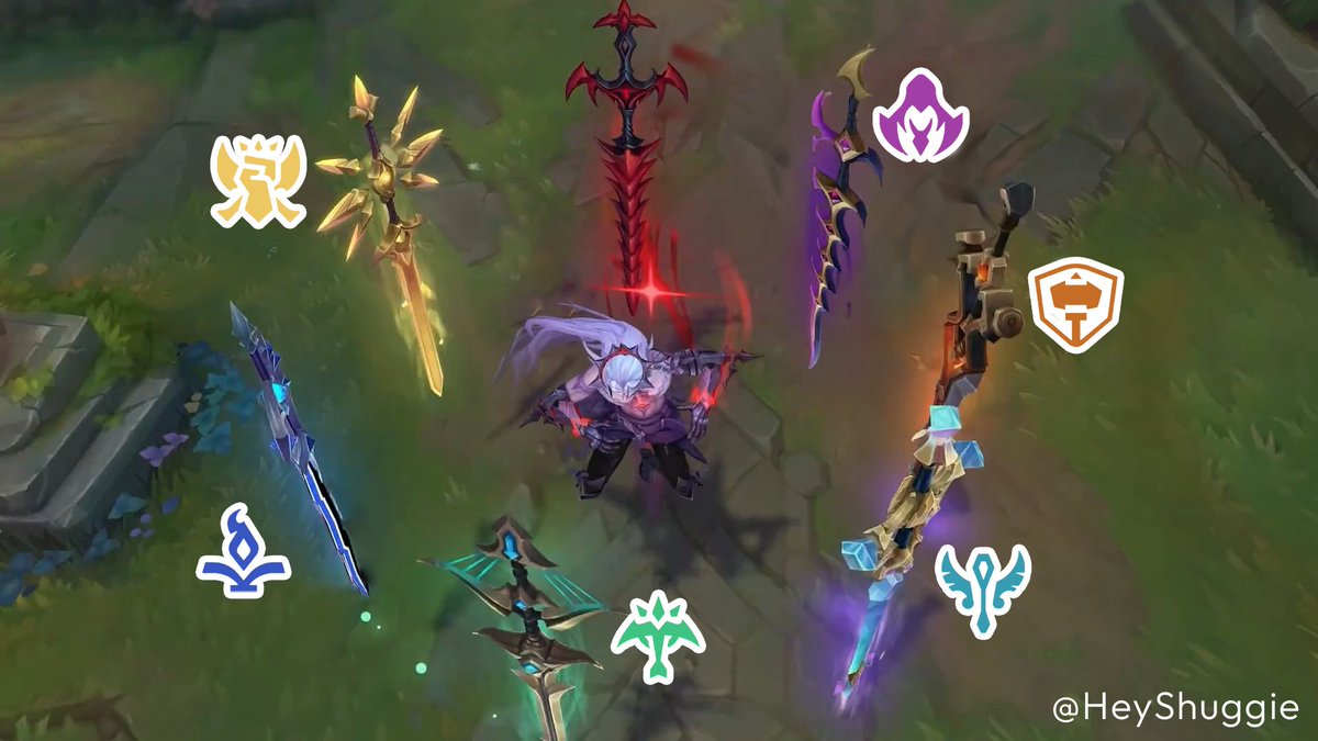 🎨 | CORES DAS ESPADAS DO VIEGO REINADO ESPECTRAL

⇒ Ao eliminar um inimigo e tomar seu corpo, a espada do Viego mudará de acordo com a classe do oponente derrotado:

   ▸ 🟣 Roxo - Assassino
   ▸ 🟠 Laranja - Tanker
   ▸ ⚪️ Branco/Cristal - Suporte
   ▸ 🟢 Verde - Atirador