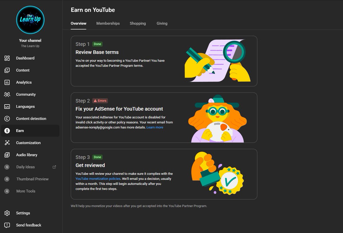 the_learn_up's tweet photo. @TeamYouTube My monetization Step 2 is stuck on AdSense Error for 27 days with no appeal reply. The 'Change Association' button is missing.

Please UNLINK the disabled account so I can link a new valid one. Channel: https://t.co/OgKBvEwVAK https://t.co/7Jictlkd1y