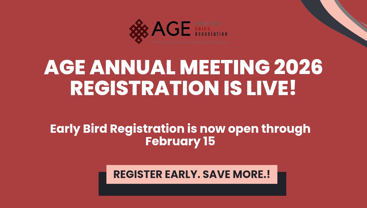 americanaging's tweet photo. 🚨 AGE 2026 Meeting Registration is NOW OPEN!
💸 Early Bird rates available through Feb 15
🧠 Connect with leaders in aging research
👉 Register now:
https://t.co/FebkRx8bJZ
#AGE2026 #AgingScience #GeroScience #AcademicTwitter https://t.co/BS84oDwWcX