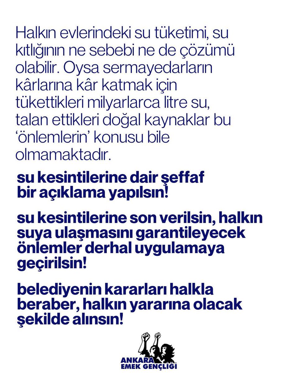Su kesintilerine dair şeffaf bir açıklama yapılsın!

Su kesintilerine son verilsin, halkın suya ulaşmasını garantileyecek önlemler derhal uygulamaya geçirilsin! 

Belediyeler kararları halkla beraber, halkın yararına olacak şekilde alsın!