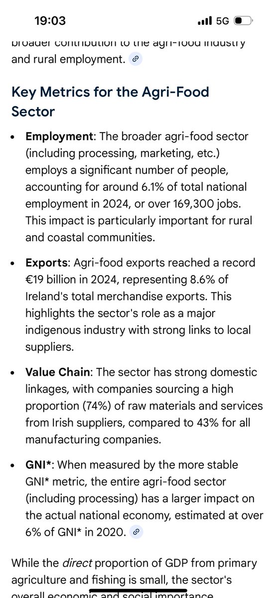 There are many people who think that the Irish economy is dependent on agriculture-just 2% of GNI in 2024 but even if one widens it to Agri-food it amounts to 6% of employment &amp; 8% of merchandised exports. 8-10% of gross added value. It is important but is no longer dominant