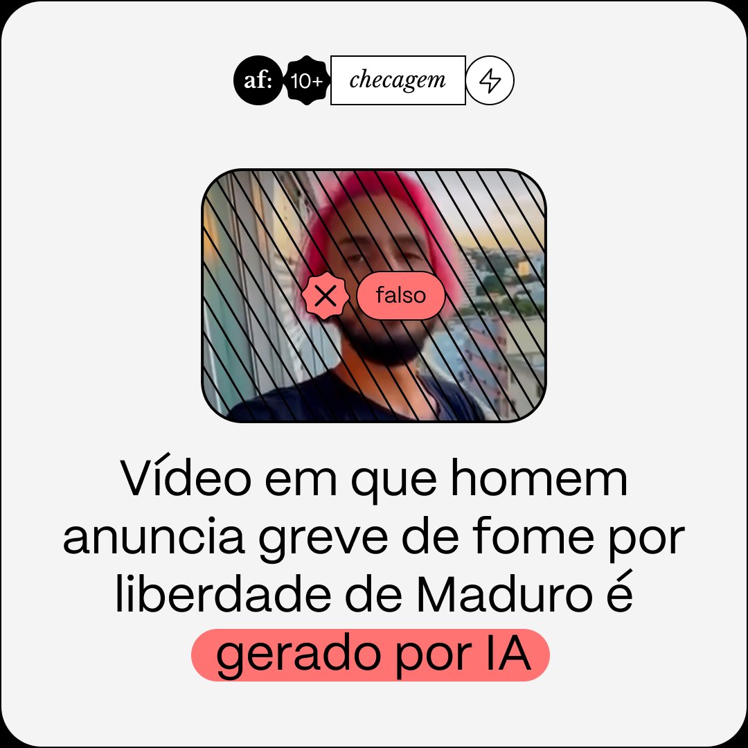 NO AR. Foi gerado por IA o vídeo em que um homem afirma que fará greve de fome até que Nicolás Maduro seja libertado pelo governo americano. 

Aos Fatos verificou que a gravação original foi publicada por um perfil especializado em conteúdo sintético: 👇
aosfatos.org/noticias/video…