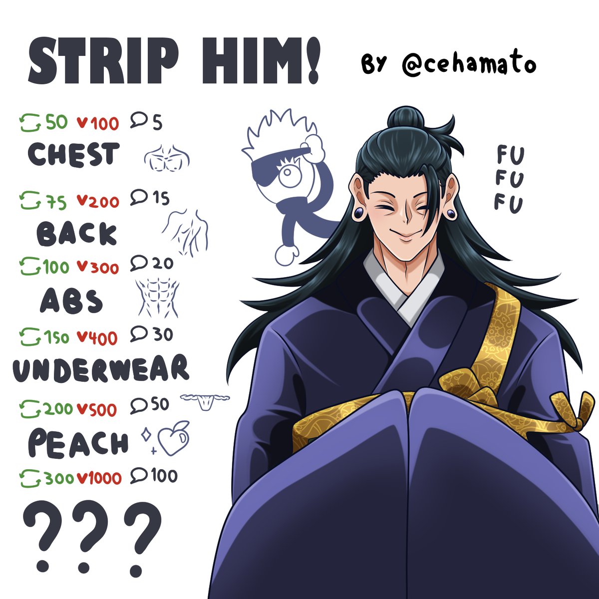 Cehamato's tweet image. Let's end the week with success, shall we?🤍🖤 

#GoGe2026   Final Day - Strip Geto

#五夏 #satosugu